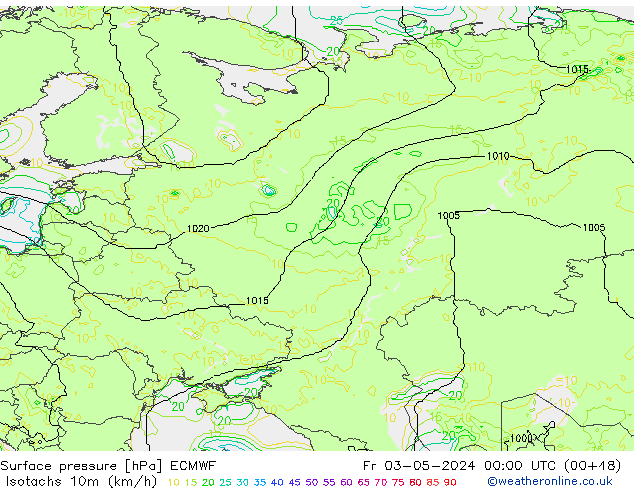 Isotaca (kph) ECMWF vie 03.05.2024 00 UTC