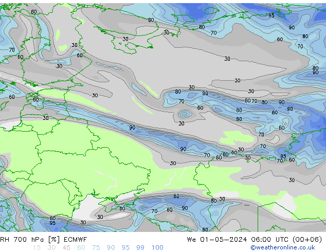 RH 700 hPa ECMWF We 01.05.2024 06 UTC