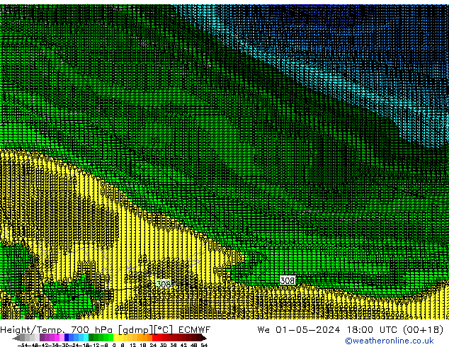 Height/Temp. 700 hPa ECMWF St 01.05.2024 18 UTC