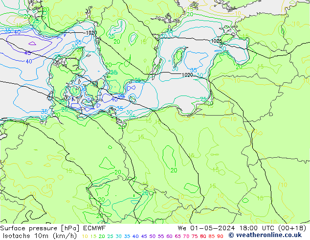 Isotachs (kph) ECMWF ср 01.05.2024 18 UTC