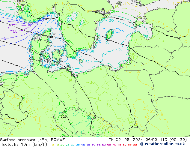 Isotachs (kph) ECMWF Th 02.05.2024 06 UTC