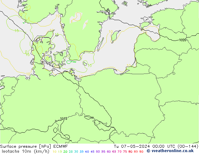 Isotachen (km/h) ECMWF Di 07.05.2024 00 UTC