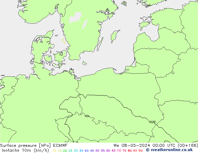 Isotachs (kph) ECMWF mer 08.05.2024 00 UTC