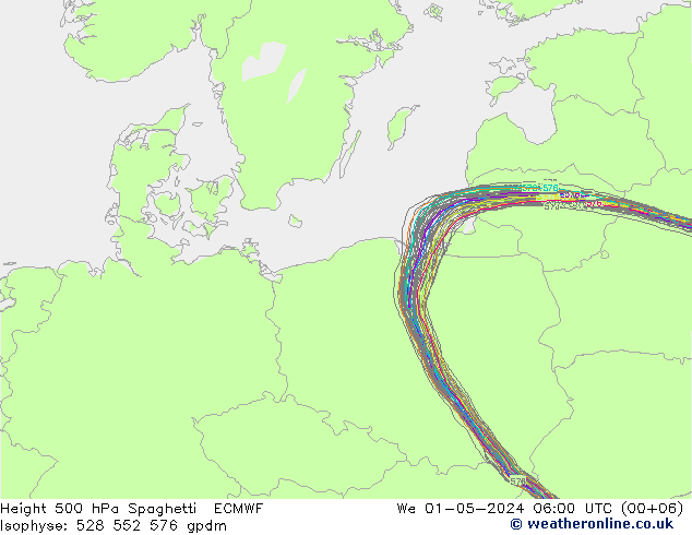 Height 500 hPa Spaghetti ECMWF Mi 01.05.2024 06 UTC