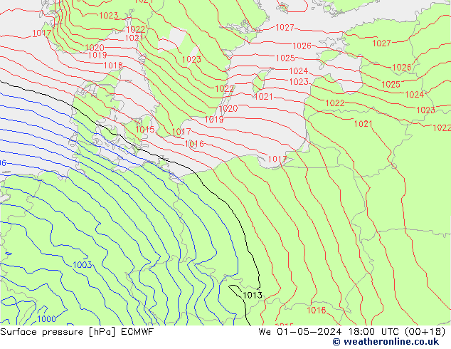 Surface pressure ECMWF We 01.05.2024 18 UTC