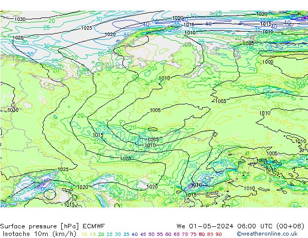 Isotachs (kph) ECMWF mer 01.05.2024 06 UTC