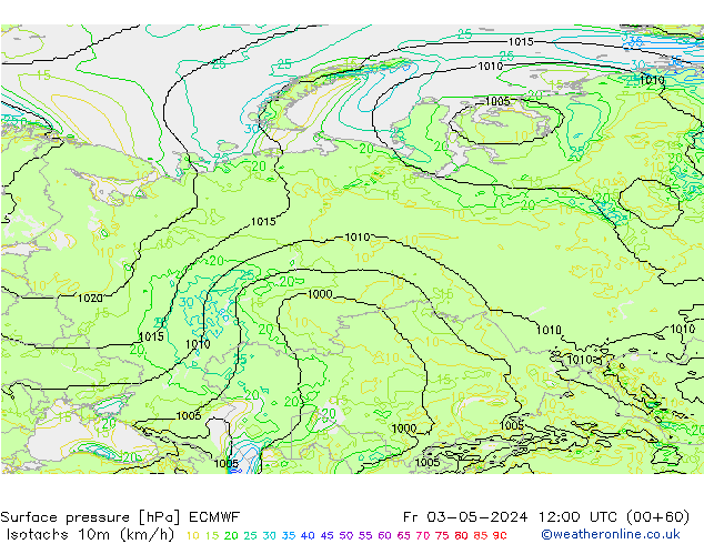 Isotachs (kph) ECMWF Fr 03.05.2024 12 UTC