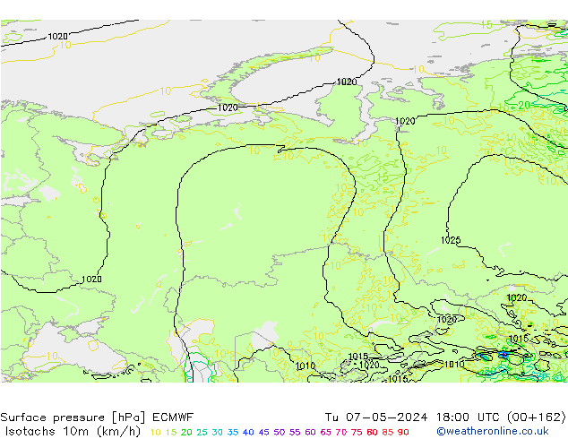 Isotachs (kph) ECMWF Tu 07.05.2024 18 UTC