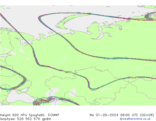 Height 500 гПа Spaghetti ECMWF ср 01.05.2024 06 UTC