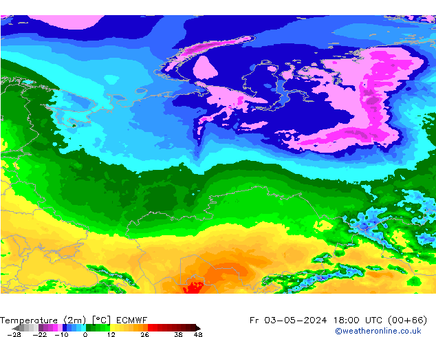 Temperatuurkaart (2m) ECMWF vr 03.05.2024 18 UTC