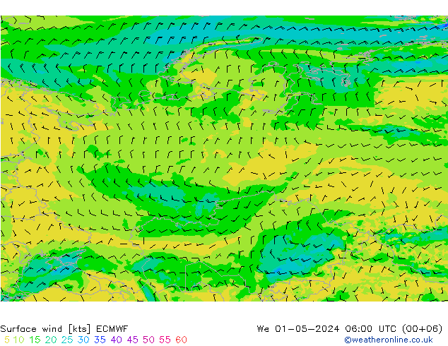 Vento 10 m ECMWF Qua 01.05.2024 06 UTC