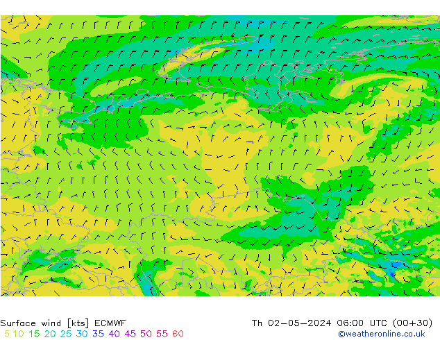 Vento 10 m ECMWF gio 02.05.2024 06 UTC