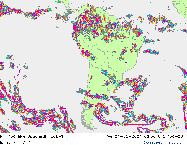 RH 700 hPa Spaghetti ECMWF Qua 01.05.2024 06 UTC