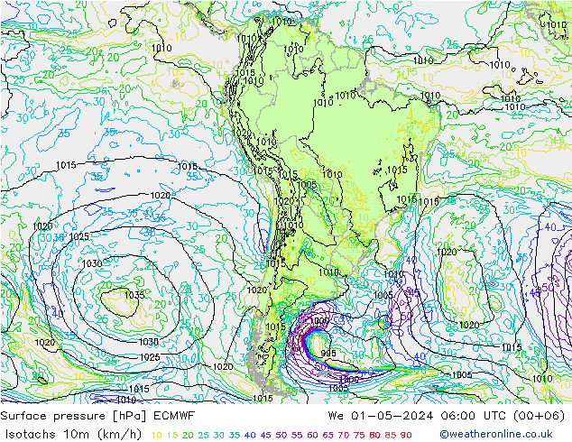 Izotacha (km/godz) ECMWF śro. 01.05.2024 06 UTC