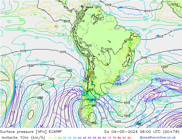 Isotachs (kph) ECMWF sam 04.05.2024 06 UTC