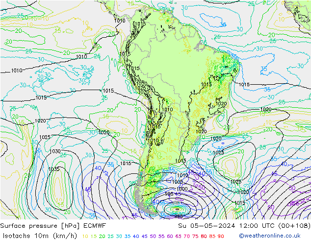 Isotachs (kph) ECMWF Вс 05.05.2024 12 UTC