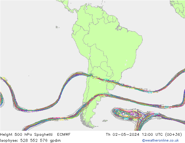 Height 500 hPa Spaghetti ECMWF Čt 02.05.2024 12 UTC