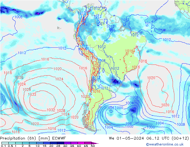 Precipitation (6h) ECMWF We 01.05.2024 12 UTC