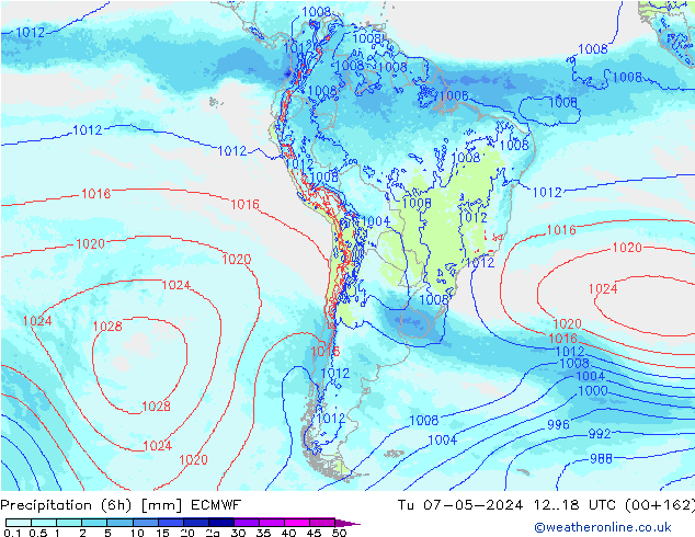 Precipitation (6h) ECMWF Tu 07.05.2024 18 UTC