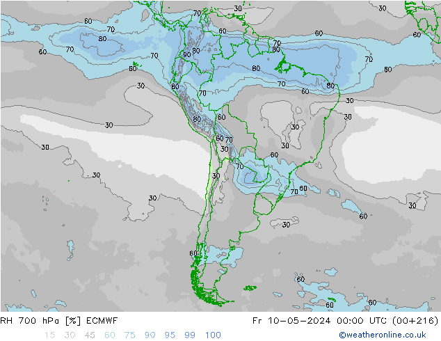 Humedad rel. 700hPa ECMWF vie 10.05.2024 00 UTC