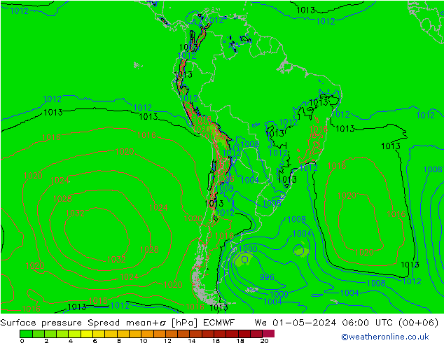 Luchtdruk op zeeniveau Spread ECMWF wo 01.05.2024 06 UTC