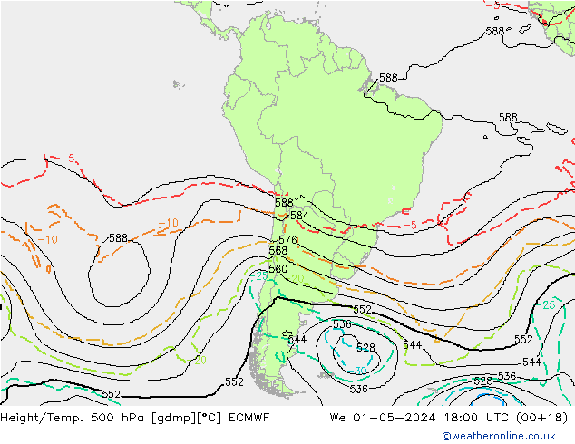 Height/Temp. 500 hPa ECMWF Qua 01.05.2024 18 UTC