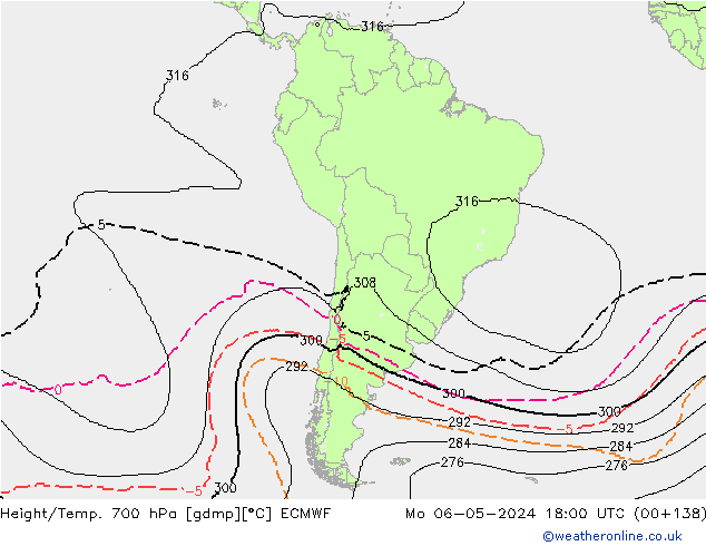 Geop./Temp. 700 hPa ECMWF lun 06.05.2024 18 UTC