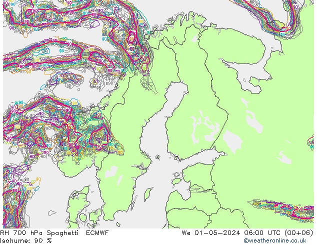RH 700 hPa Spaghetti ECMWF Mi 01.05.2024 06 UTC
