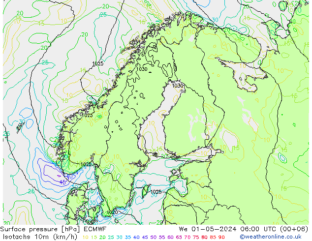 Isotachen (km/h) ECMWF Mi 01.05.2024 06 UTC