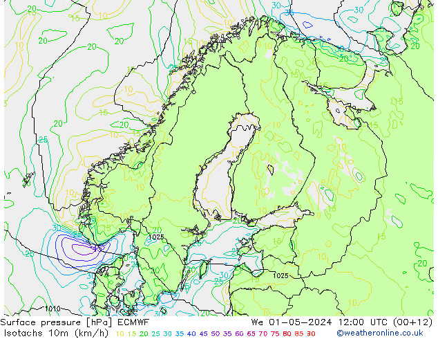 Isotachen (km/h) ECMWF Mi 01.05.2024 12 UTC