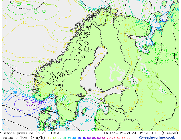 Isotachs (kph) ECMWF Th 02.05.2024 06 UTC