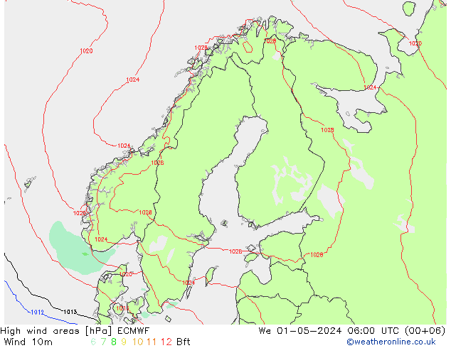 yüksek rüzgarlı alanlar ECMWF Çar 01.05.2024 06 UTC