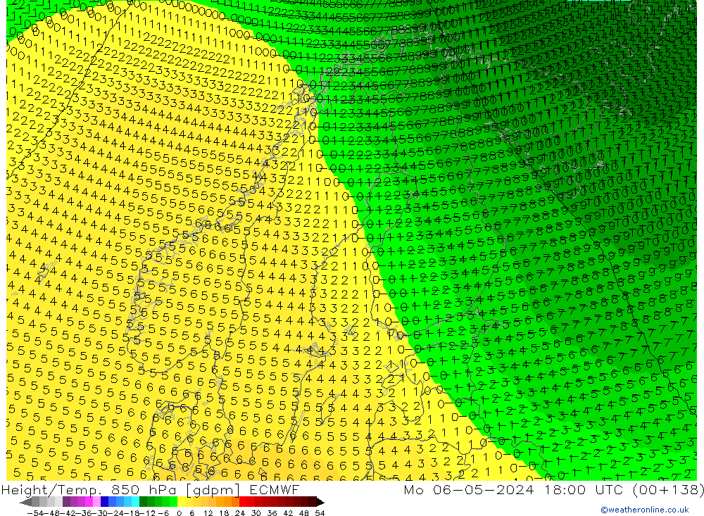 Height/Temp. 850 hPa ECMWF Mo 06.05.2024 18 UTC