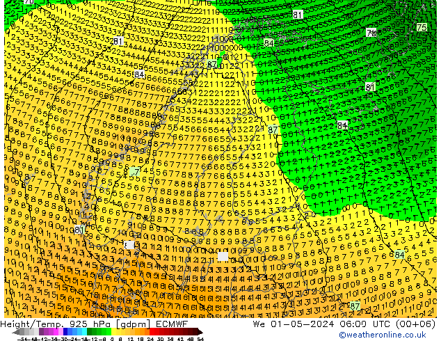 Height/Temp. 925 hPa ECMWF Mi 01.05.2024 06 UTC