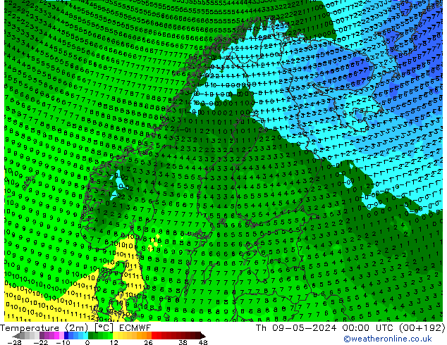 Temperatuurkaart (2m) ECMWF do 09.05.2024 00 UTC