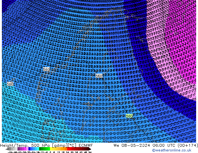 Height/Temp. 500 hPa ECMWF mer 08.05.2024 06 UTC