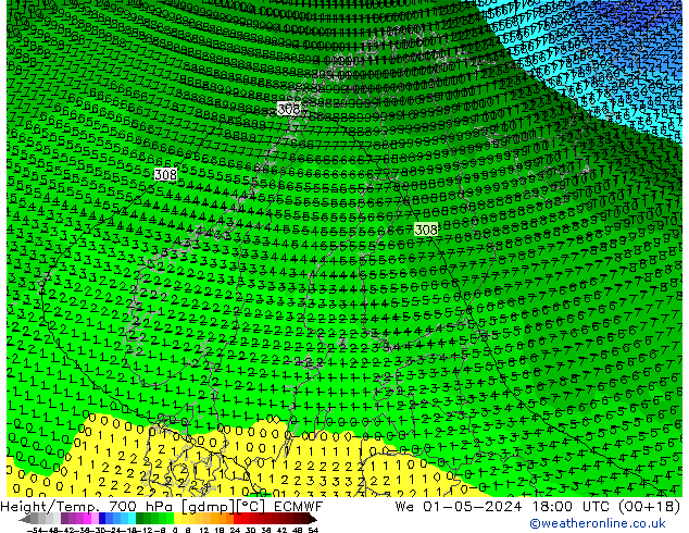 Height/Temp. 700 hPa ECMWF Qua 01.05.2024 18 UTC