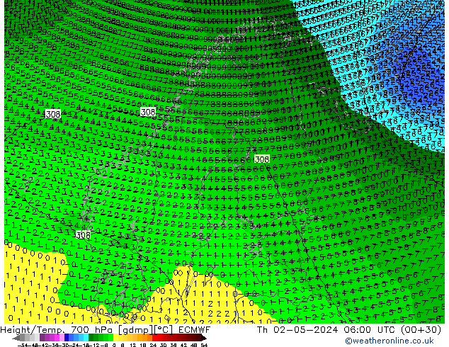 Height/Temp. 700 гПа ECMWF чт 02.05.2024 06 UTC