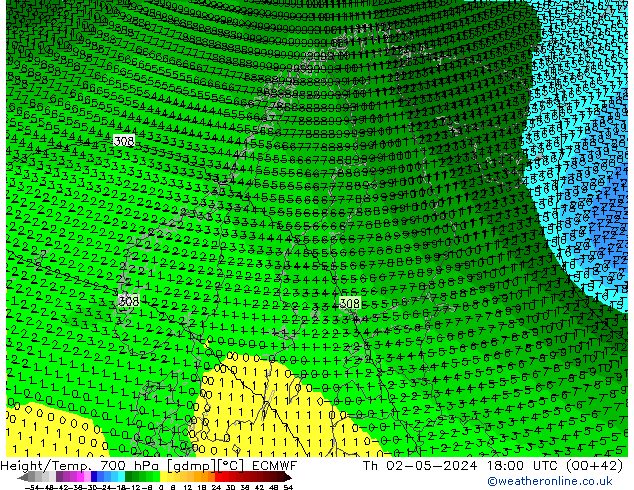 Géop./Temp. 700 hPa ECMWF jeu 02.05.2024 18 UTC