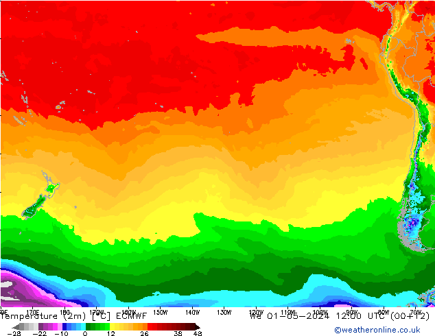 Temperatura (2m) ECMWF mer 01.05.2024 12 UTC