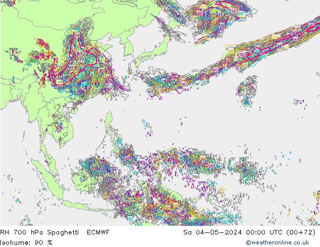 RH 700 hPa Spaghetti ECMWF sab 04.05.2024 00 UTC