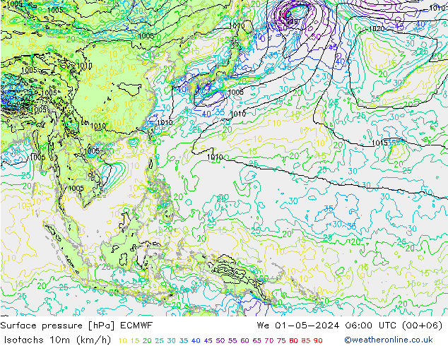 Isotaca (kph) ECMWF mié 01.05.2024 06 UTC