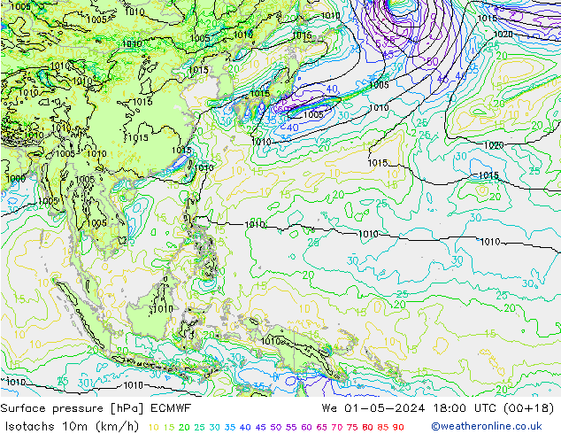 Isotachs (kph) ECMWF We 01.05.2024 18 UTC