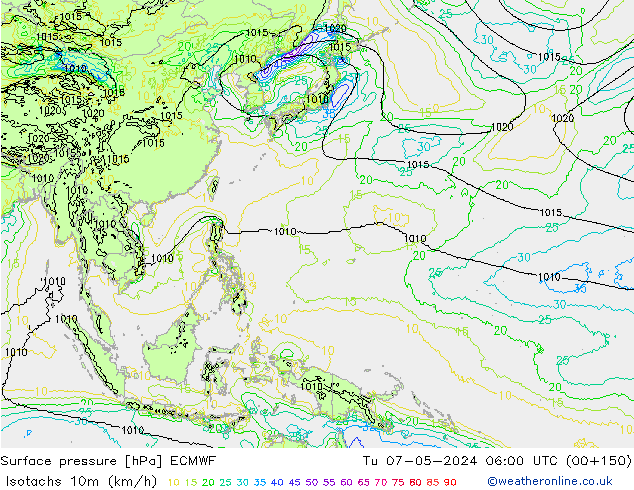 Isotachs (kph) ECMWF mar 07.05.2024 06 UTC