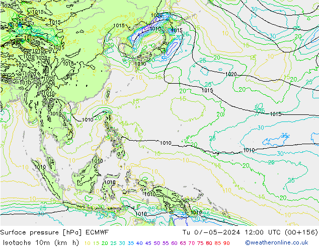 Isotachs (kph) ECMWF вт 07.05.2024 12 UTC