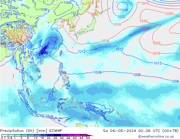 Totale neerslag (6h) ECMWF za 04.05.2024 06 UTC