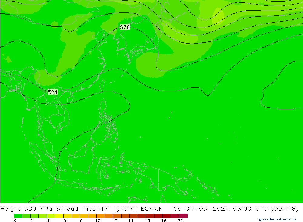 Hoogte 500 hPa Spread ECMWF za 04.05.2024 06 UTC