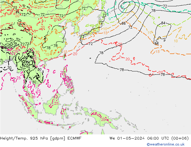 Height/Temp. 925 hPa ECMWF We 01.05.2024 06 UTC