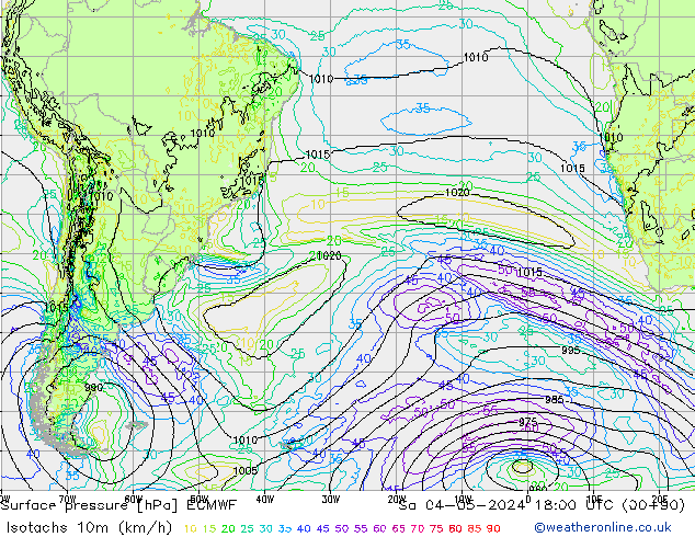 Isotachs (kph) ECMWF сб 04.05.2024 18 UTC