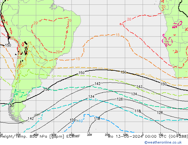 Height/Temp. 850 hPa ECMWF Po 13.05.2024 00 UTC